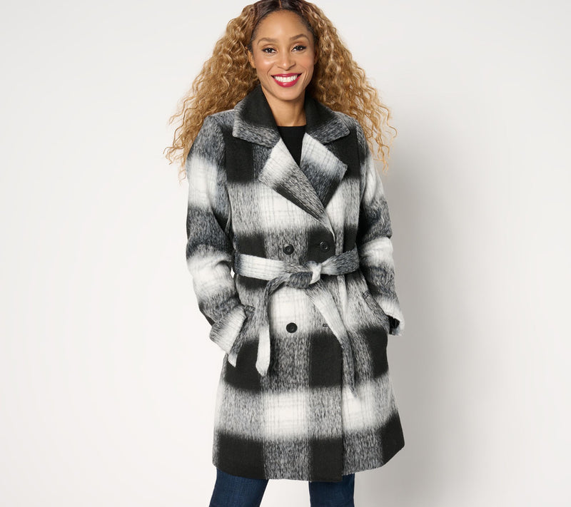 Susan Graver Regular Faux Wool Double Breasted Coat with Tie — Main view