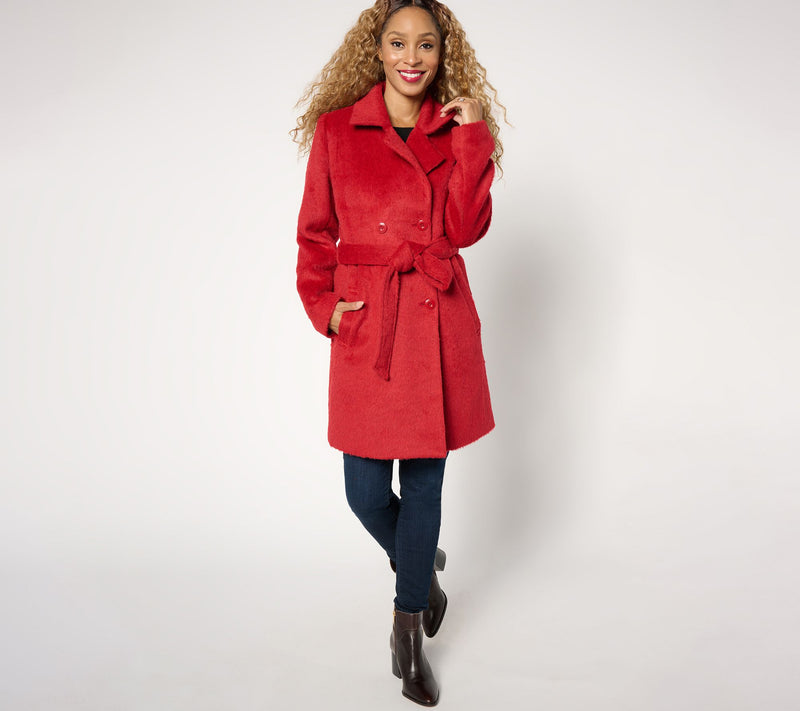 Susan Graver Regular Faux Wool Double Breasted Coat with Tie — View 9