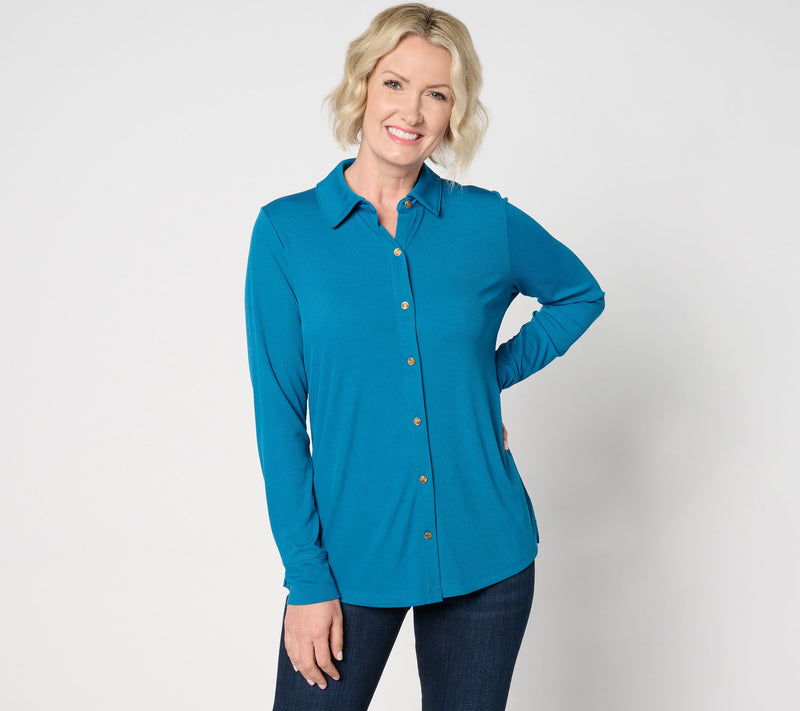 Denim & Co. Rib Knit Button-Front Collared Blouse — Main view