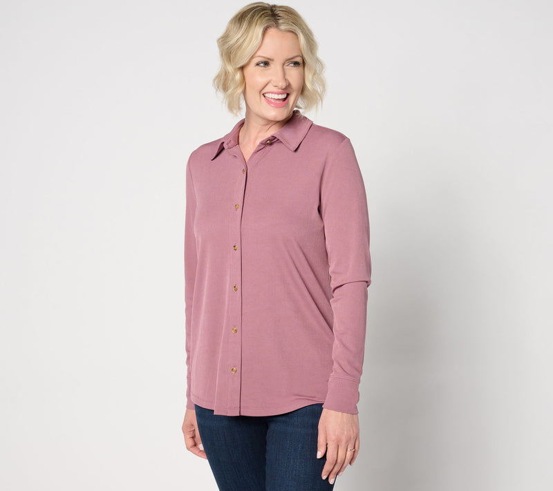 Denim & Co. Rib Knit Button-Front Collared Blouse — View 5