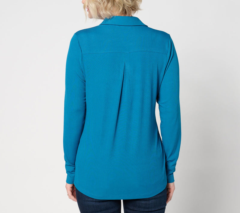 Denim & Co. Rib Knit Button-Front Collared Blouse — View 8