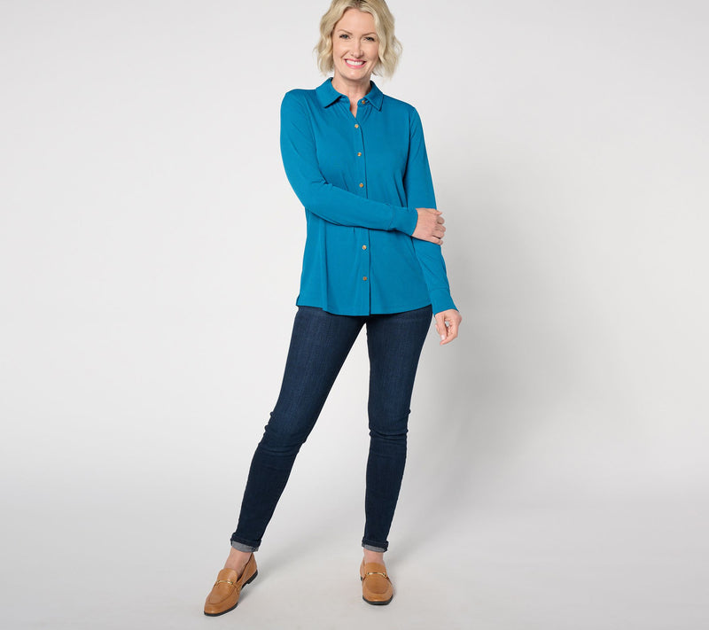 Denim & Co. Rib Knit Button-Front Collared Blouse — View 9