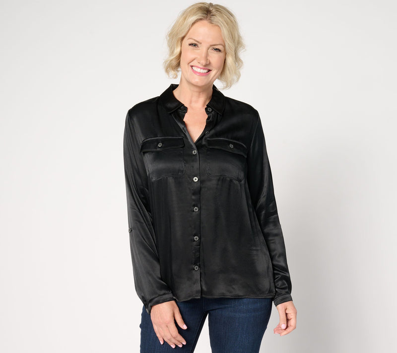 Joan Rivers Satin Button-Front Shirt with Chest Pockets — View 8