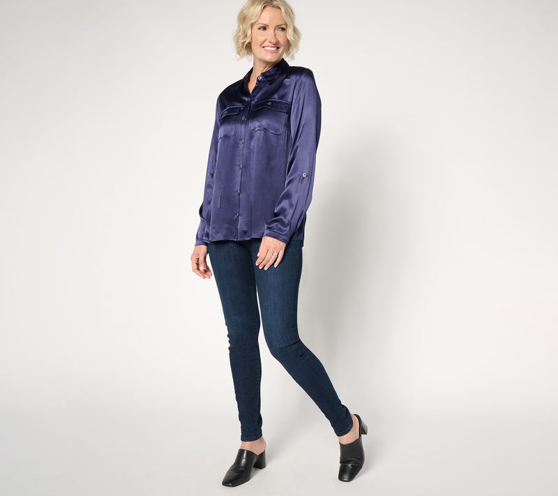 Joan Rivers Satin Button-Front Shirt with Chest Pockets — View 3