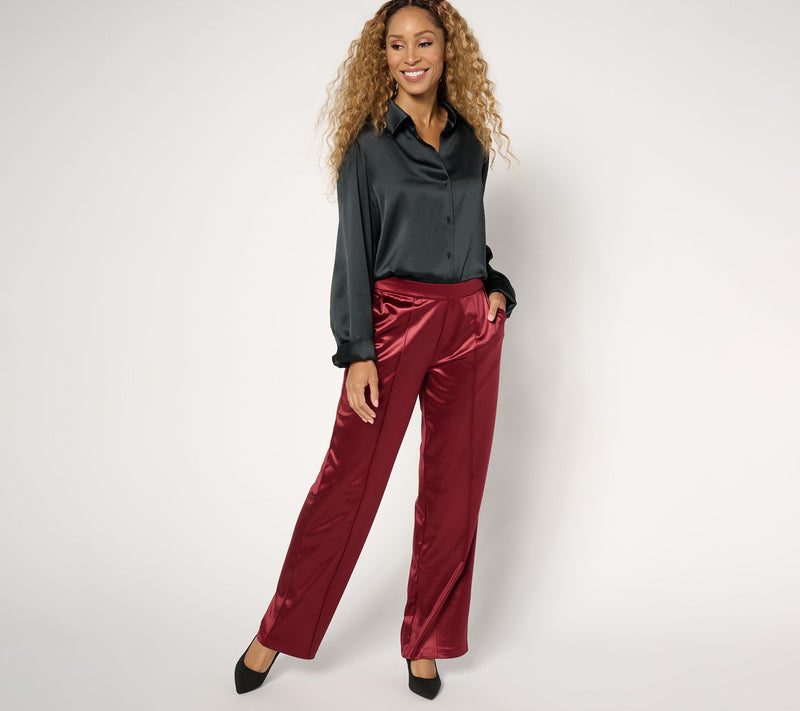 Isaac Mizrahi Live! Petite Always Isaac Knit Satin Wide Leg Pants — View 4