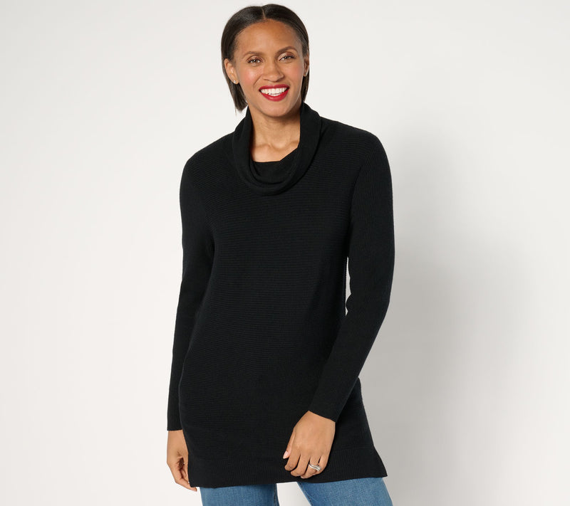 AnyBody Brushed Rib Cowl Neck Sweater with Side Slits — View 9