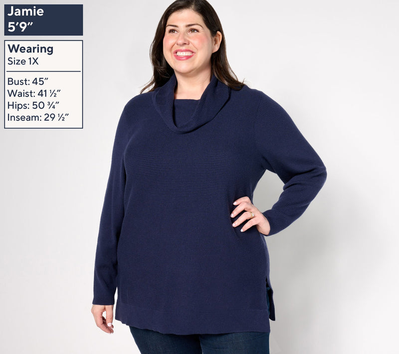 AnyBody Brushed Rib Cowl Neck Sweater with Side Slits — View 10