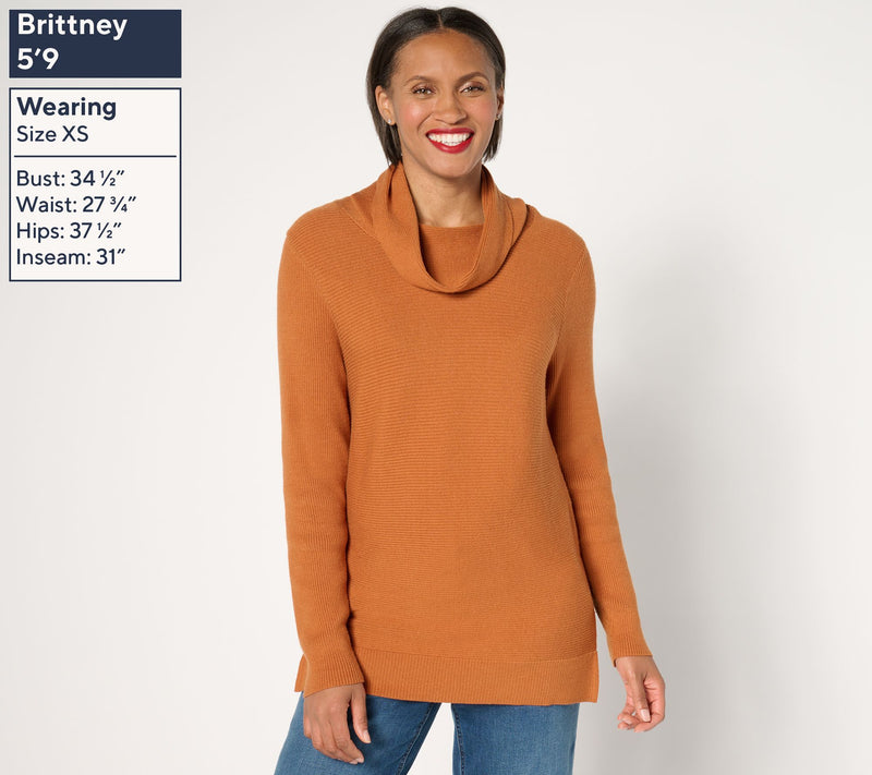 AnyBody Brushed Rib Cowl Neck Sweater with Side Slits — View 11