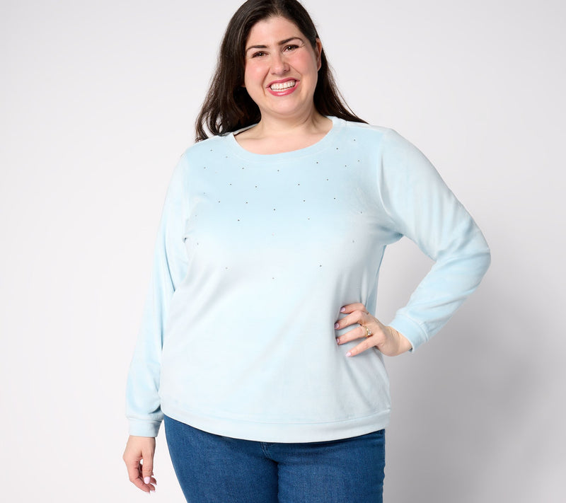 AnyBody Round Neck Studded Velour Knit Pullover — View 2