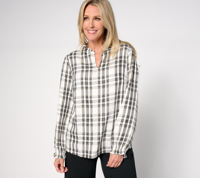 Denim & Co. Plaid Print Lurex Top with Bias Trim — Main view