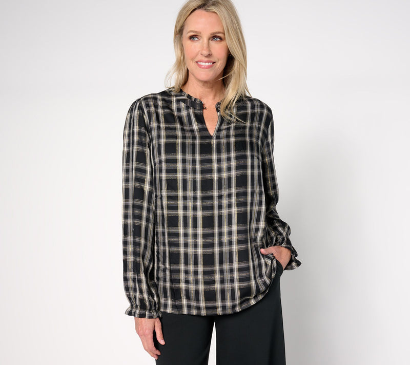 Denim & Co. Plaid Print Lurex Top with Bias Trim — View 7