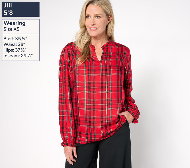 Denim & Co. Plaid Print Lurex Top with Bias Trim — View 11