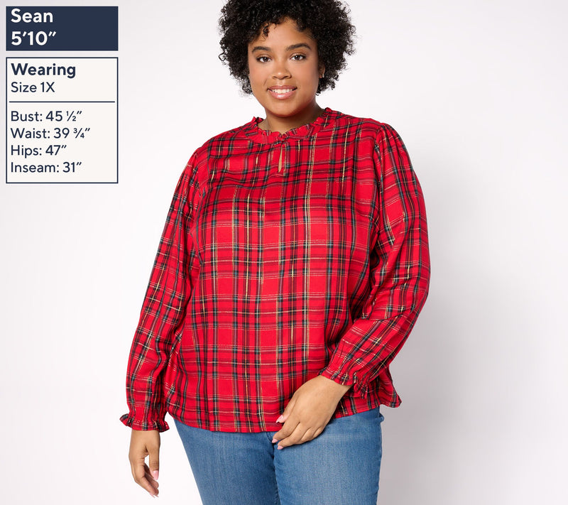 Denim & Co. Plaid Print Lurex Top with Bias Trim — View 10