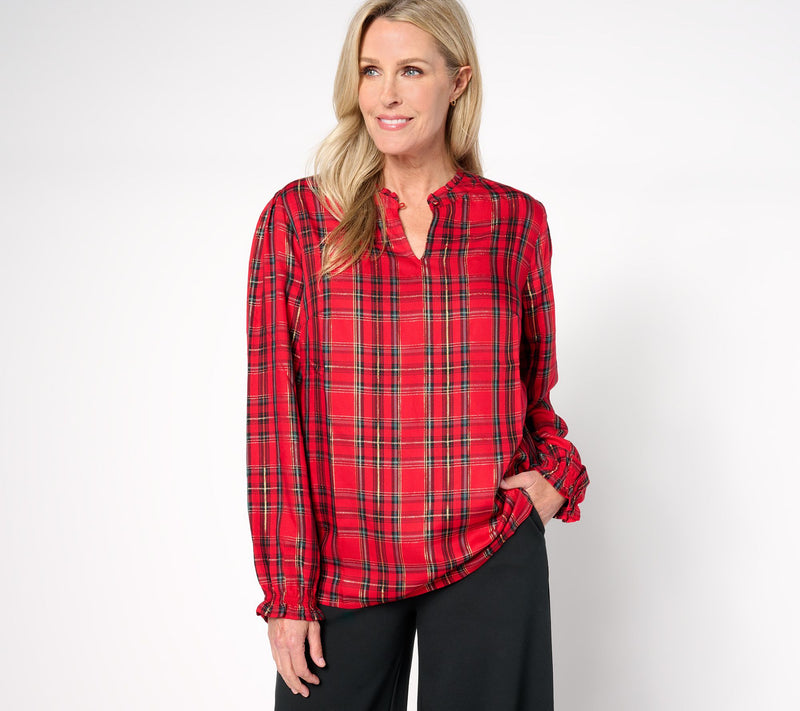 Denim & Co. Plaid Print Lurex Top with Bias Trim — View 9