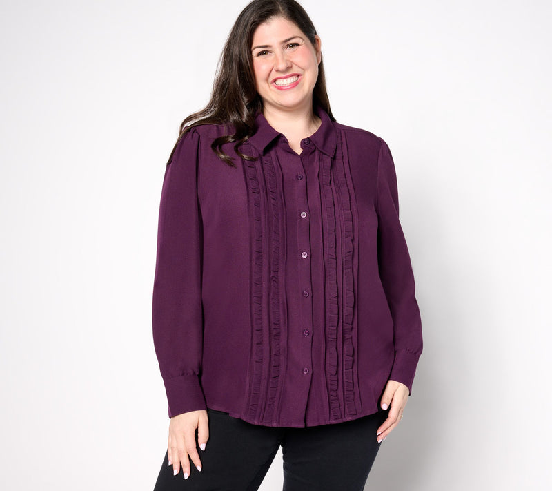 Denim & Co. Heritage Ruffle-Front Puff-Sleeve Button-Up Top — View 8
