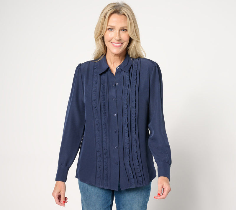 Denim & Co. Heritage Ruffle-Front Puff-Sleeve Button-Up Top — View 7