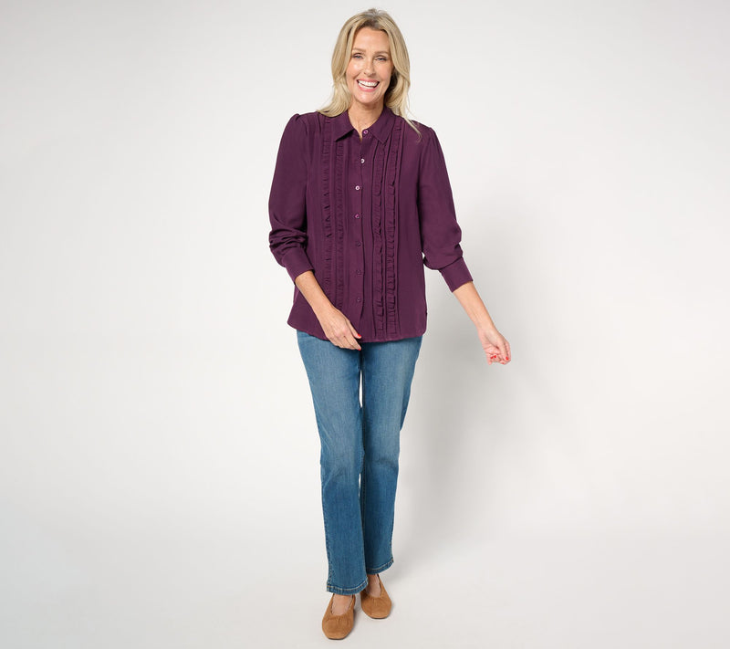 Denim & Co. Heritage Ruffle-Front Puff-Sleeve Button-Up Top — View 10