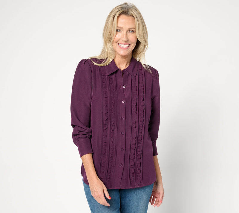 Denim & Co. Heritage Ruffle-Front Puff-Sleeve Button-Up Top — View 5
