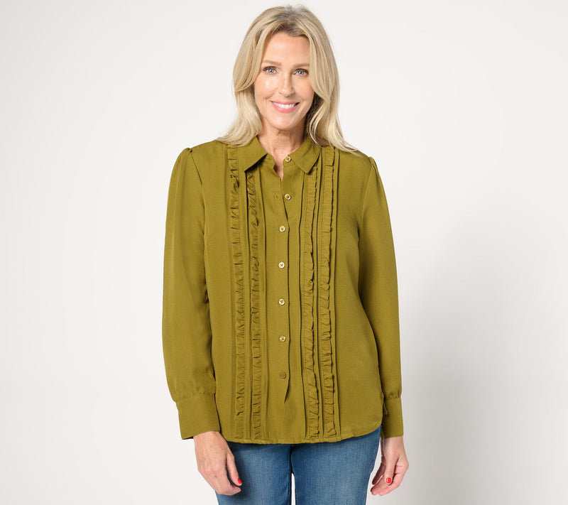 Denim & Co. Heritage Ruffle-Front Puff-Sleeve Button-Up Top — View 3