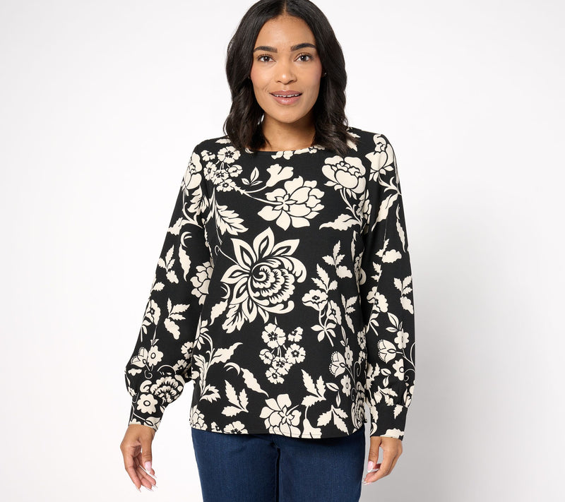 Denim & Co. Signature Scoop Neck Blouson Sleeve Printed Top — View 7