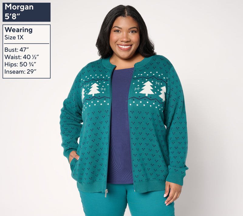 Denim & Co. Archives Zip Front Placed Motif Cardigan — View 4
