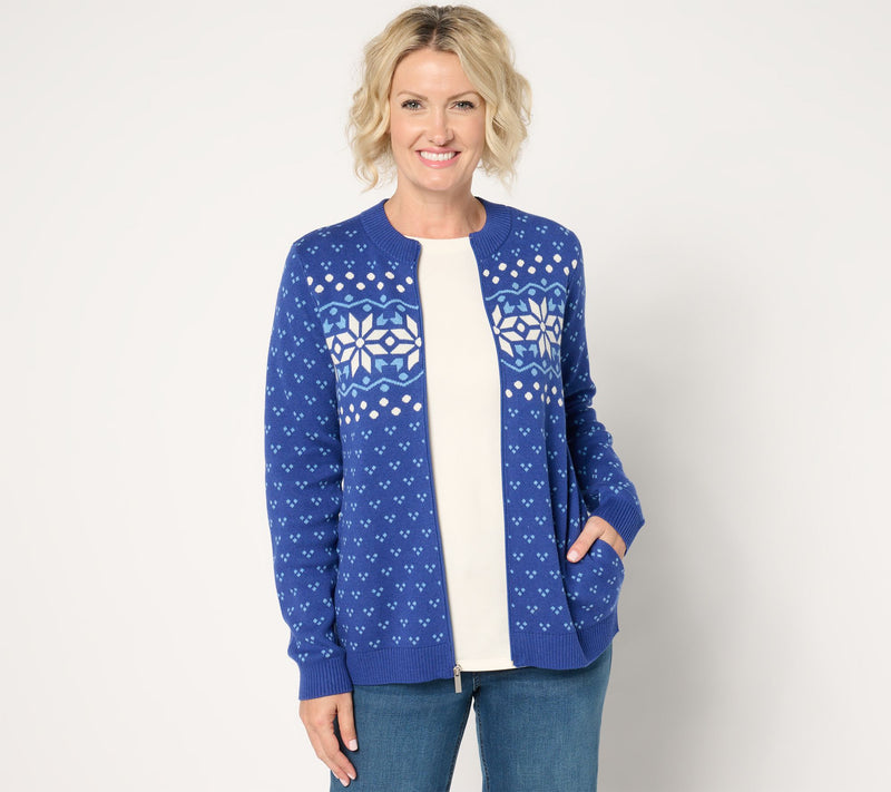 Denim & Co. Archives Zip Front Placed Motif Cardigan — View 12