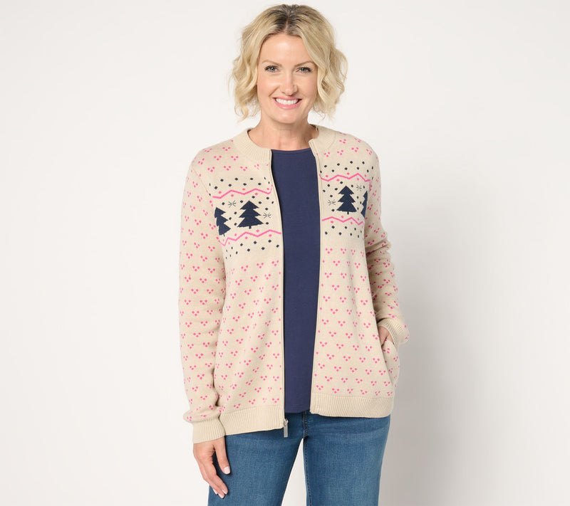Denim & Co. Archives Zip Front Placed Motif Cardigan — View 13