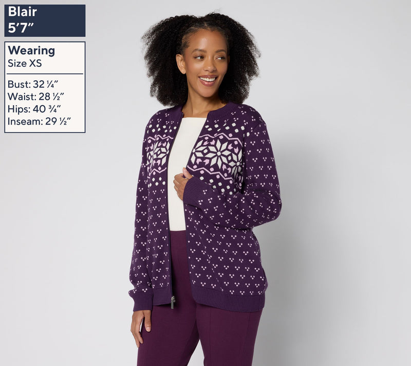 Denim & Co. Archives Zip Front Placed Motif Cardigan — View 5