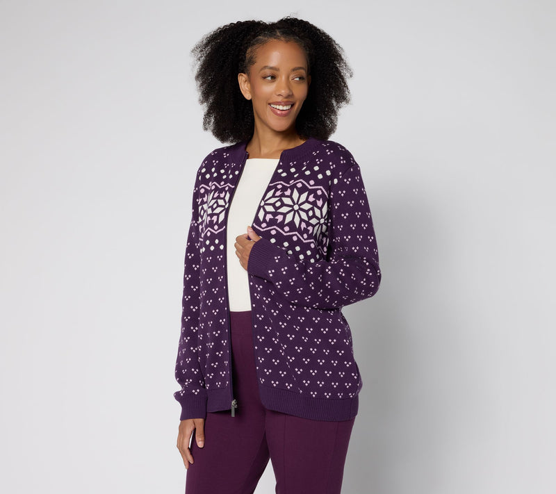 Denim & Co. Archives Zip Front Placed Motif Cardigan — View 15