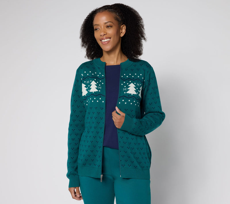 Denim & Co. Archives Zip Front Placed Motif Cardigan — View 16