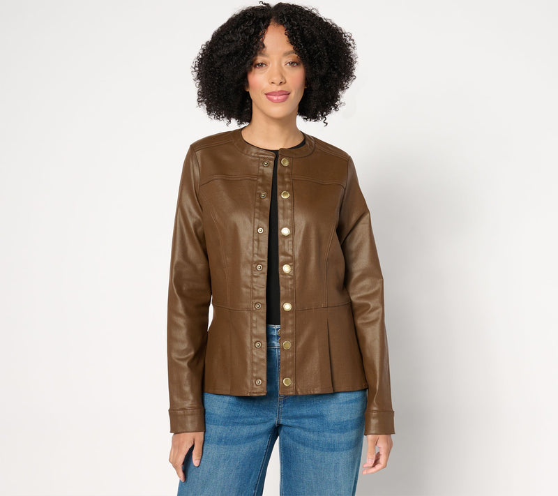 Susan Graver Coated Denim Peplum Jacket — View 3