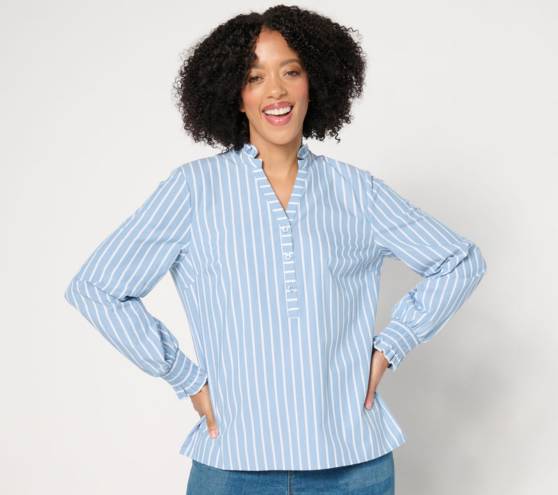 Studio Park x Amy Stran Ruffle Collar Smocked Cuff Henley Shirt — View 11