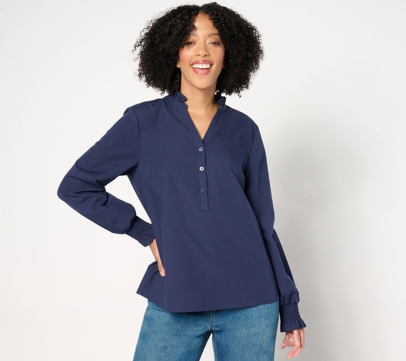 Studio Park x Amy Stran Ruffle Collar Smocked Cuff Henley Shirt — View 12