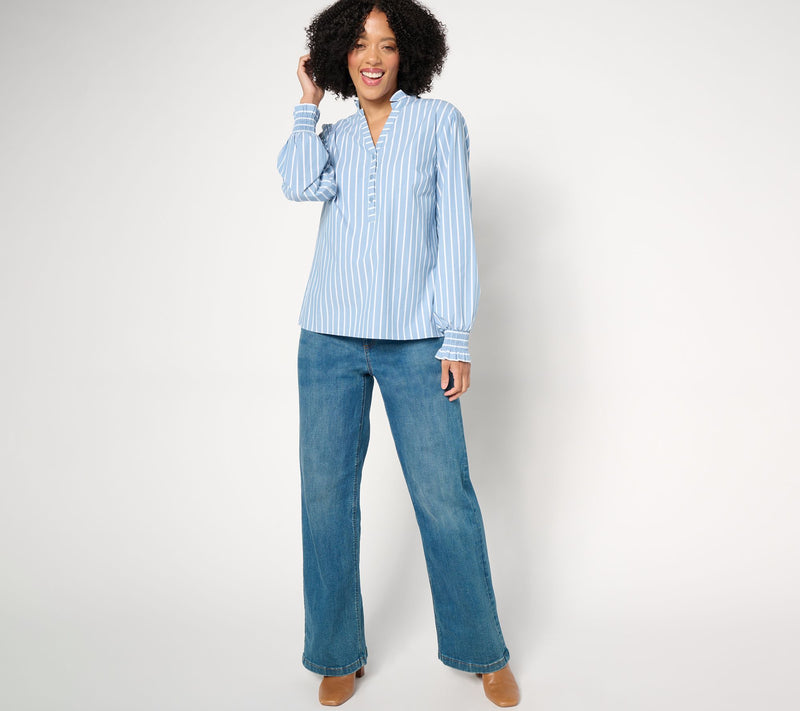 Studio Park x Amy Stran Ruffle Collar Smocked Cuff Henley Shirt — View 3