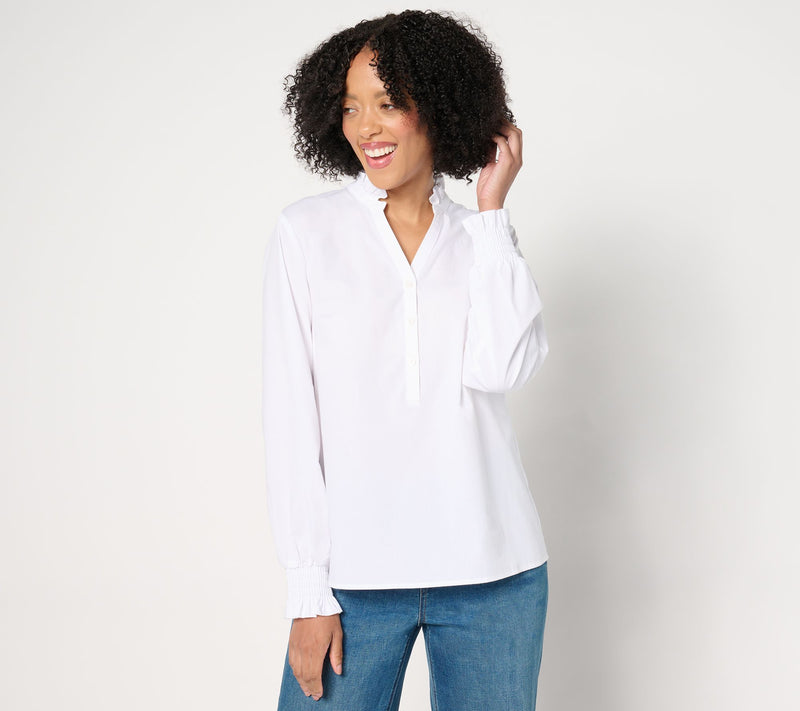 Studio Park x Amy Stran Ruffle Collar Smocked Cuff Henley Shirt — View 13