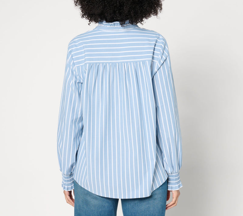 Studio Park x Amy Stran Ruffle Collar Smocked Cuff Henley Shirt — View 2