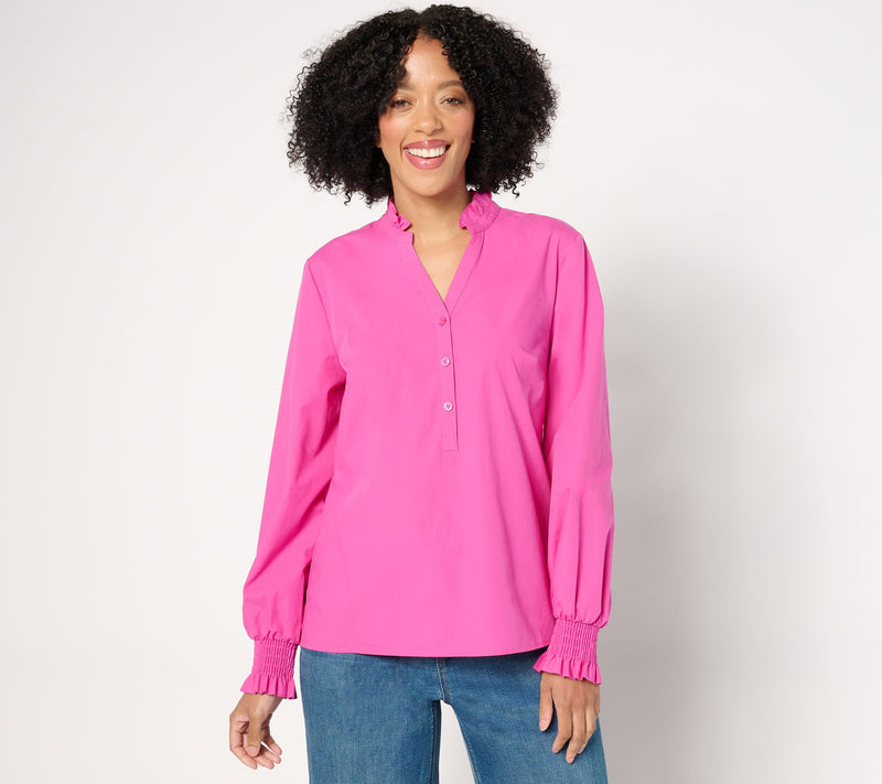 Studio Park x Amy Stran Ruffle Collar Smocked Cuff Henley Shirt — View 14