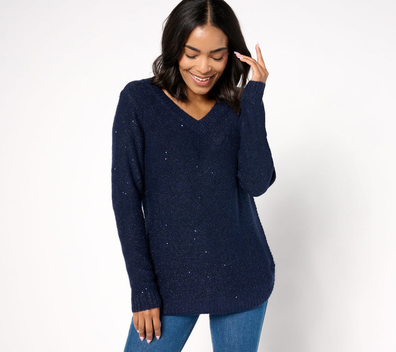 Denim & Co. V-Neck Long Sleeve Sparkle Sweater — View 9