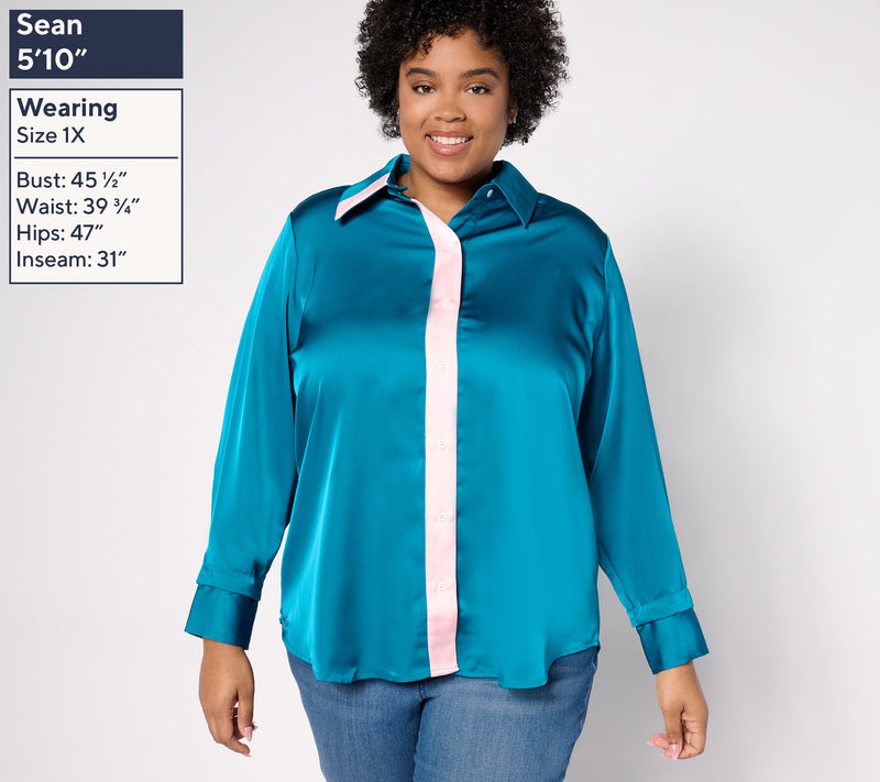 by Stacy London Core Satin Contrast Placket Top — View 10