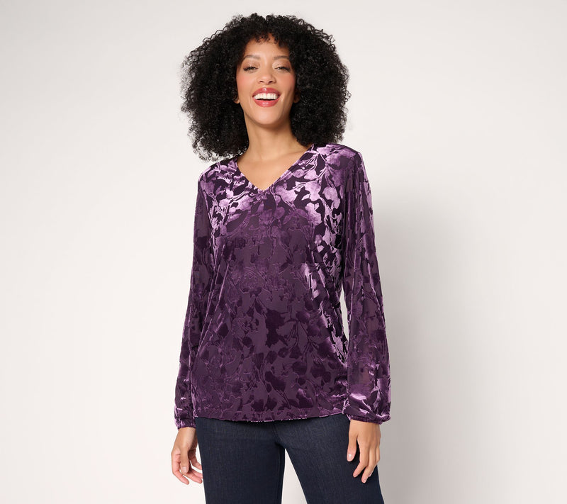 Denim & Co. Burnout Velvet Long Sleeve Blouse — View 11