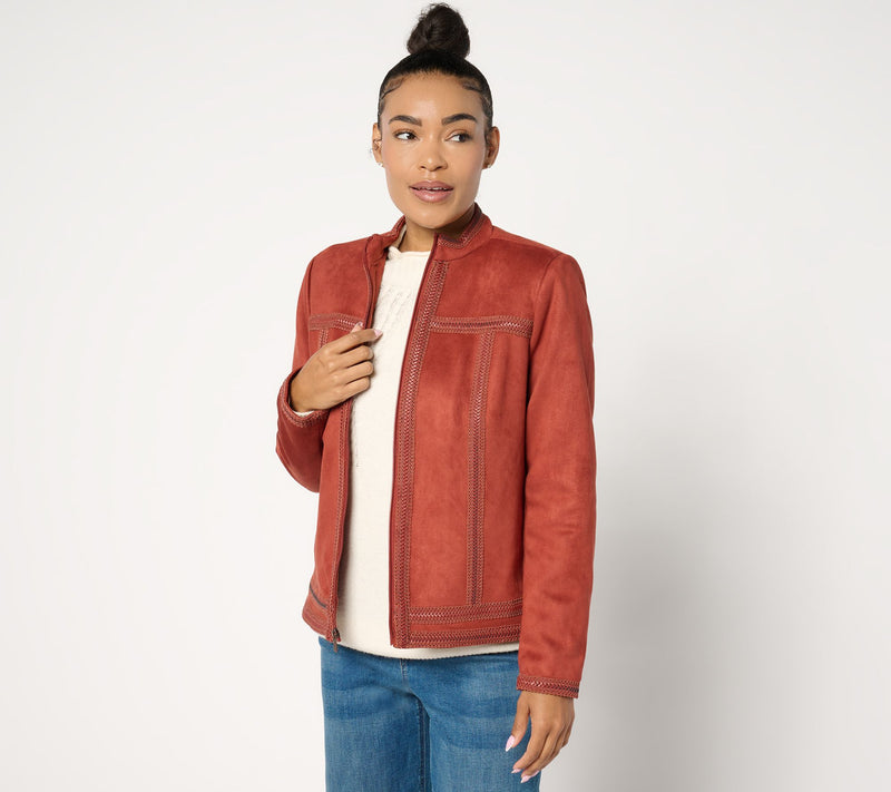 Denim & Co. Archives Faux Suede Jacket with Crochet Trim — Main view