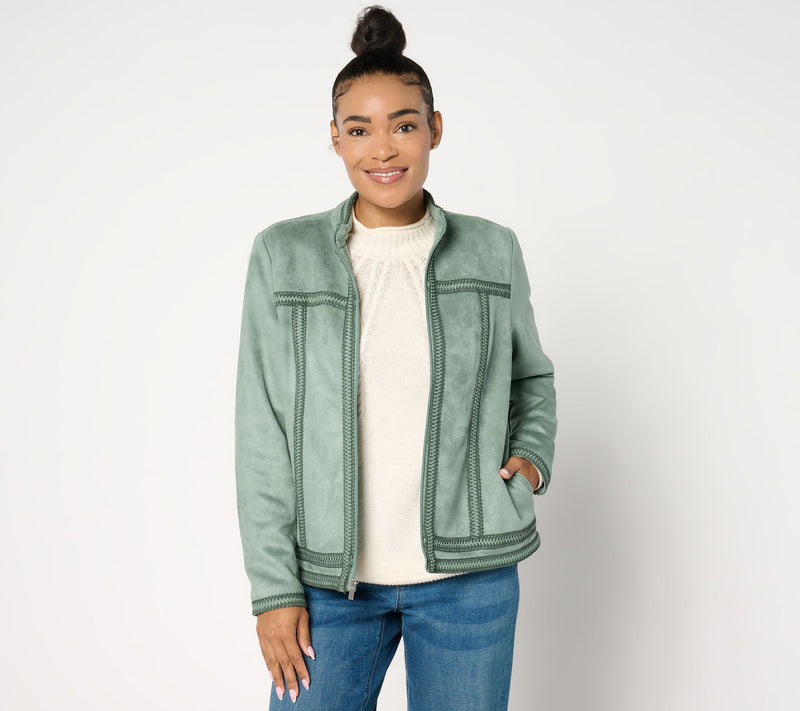 Denim & Co. Archives Faux Suede Jacket with Crochet Trim — View 5