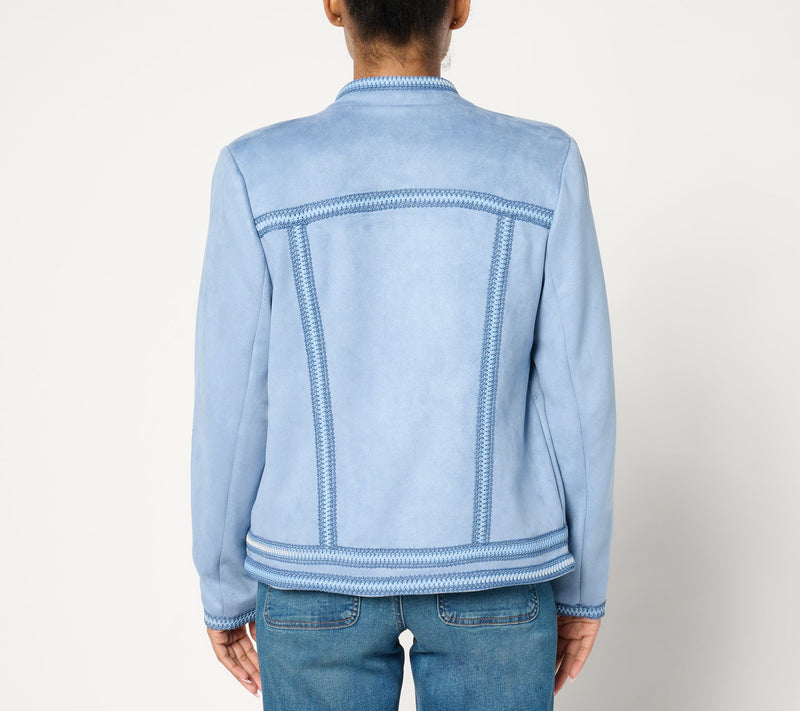 Denim & Co. Archives Faux Suede Jacket with Crochet Trim — View 10