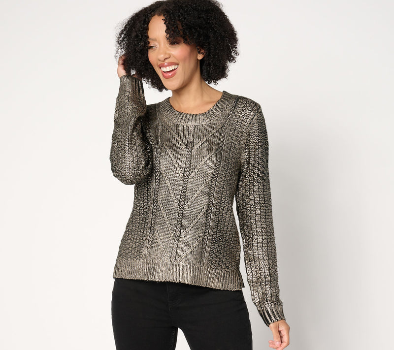 Women with Control Metallic Cable Sweater — View 5