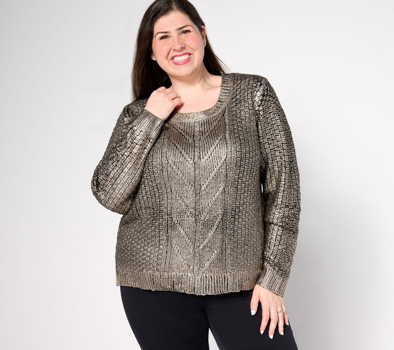 Women with Control Metallic Cable Sweater — View 8