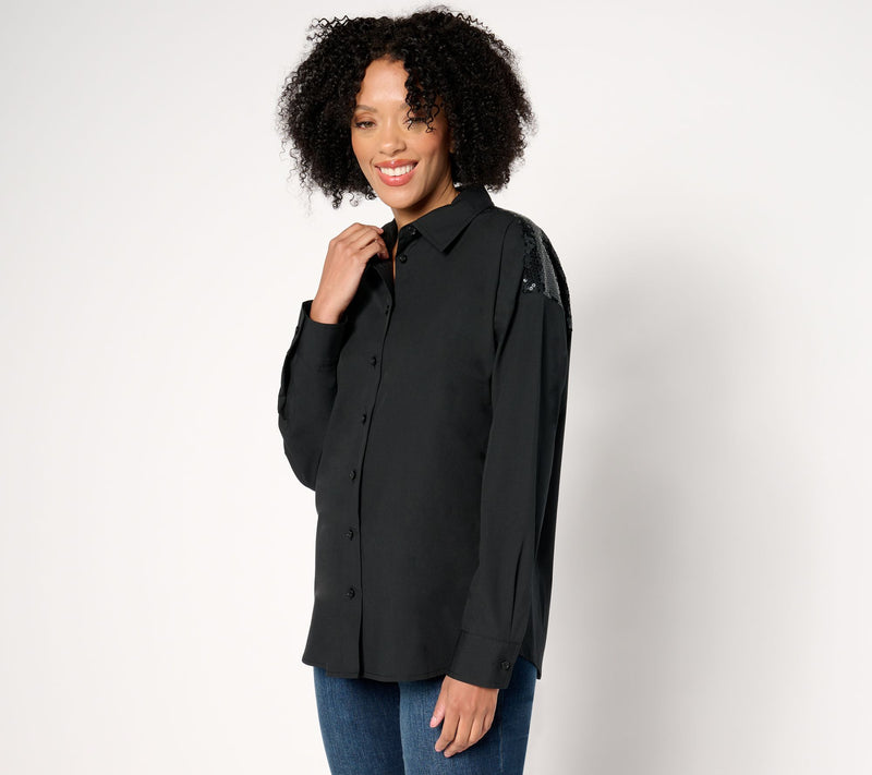 Women with Control Button Front Shirt with Sequins — View 8