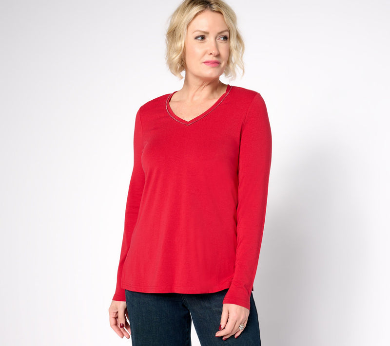 Jingle Belles by Kim Gravel TripleLuxe Knit Sparkle V Neck Top — View 2