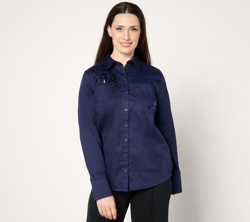 BEAUTIFUL by Lawrence Zarian Stretch Cotton Embellished Shirt — View 16