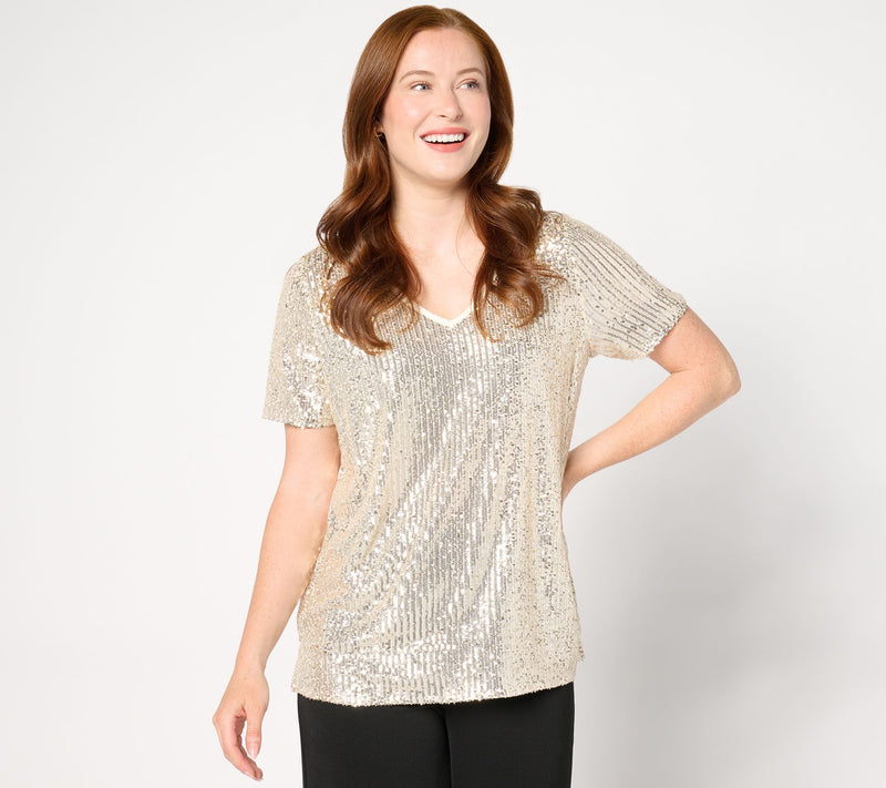 Jingle Belles by Kim Gravel Sequin Front Knit Back V Neck Top — View 5