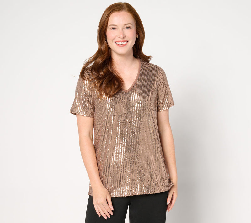Jingle Belles by Kim Gravel Sequin Front Knit Back V Neck Top — View 7
